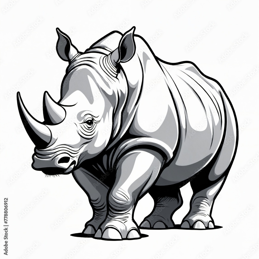 Rhinoceros illustration on white background, logo.