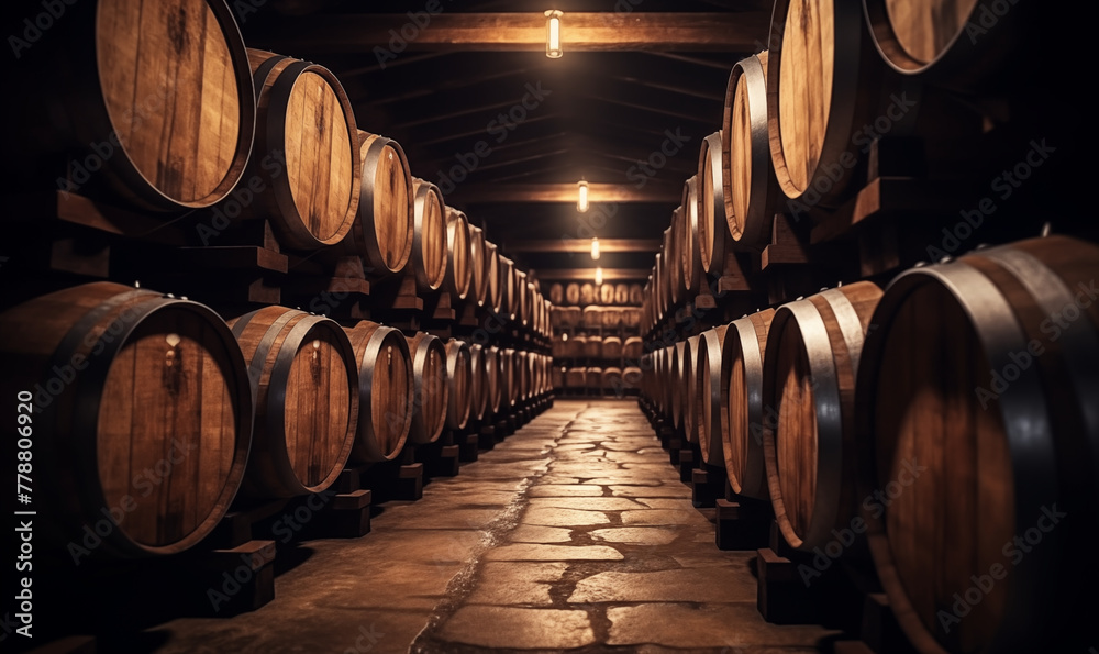 Wooden barrels stored in wine cellar, Concept of viticulture production, generated by ai 