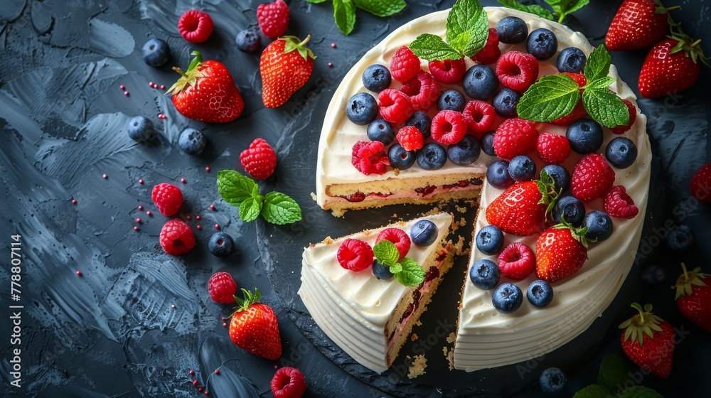 A cake with a slice cut out, topped with berries and mint leaves on a black plate A cake with a slice cut out, topped with berries and mint leaves on a black plate