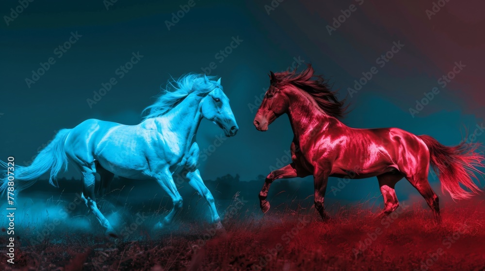 Obraz premium Two horses, illuminated in stark blue and red light, charge through a mystical landscape. This artistic representation showcases their wild energy and contrasting harmony in motion.
