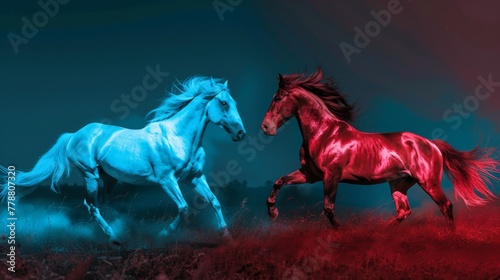 Two horses  illuminated in stark blue and red light  charge through a mystical landscape. This artistic representation showcases their wild energy and contrasting harmony in motion.