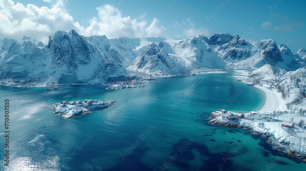   An aerial shot of a vast water expanse surrounded by snow-capped peaks