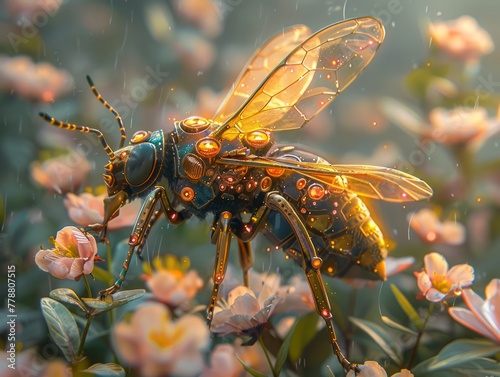 Majestic Cybernetic Bee Amongst Blossoms Digital Artwork of Mechanical Insect and Flora © pisan