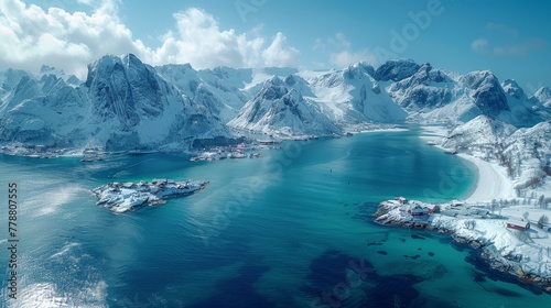  An aerial shot of a vast water expanse surrounded by snow-capped peaks