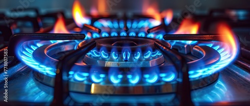 Get up close and personal with a gas cooker, its blue flame illuminating the kitchen interior as a meal is prepared with precision.