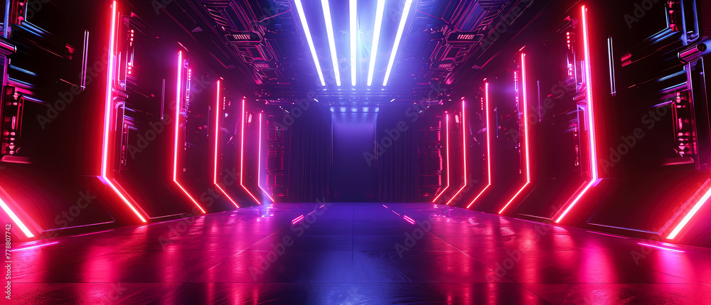 Neon futuristic scene with podium or stage, purple, blue, pink spotlights, rays, abstract shapes, glowing particles. Product presentation background. Generative ai