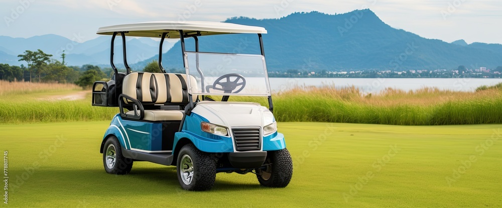 Glide through a stunning golf course aboard a sleek golf cart, surrounded by lush greenery and scenic beauty.