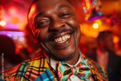 In the midst of celebration, this African American man's infectious smile and dynamic bow tie capture the essence of pure joy. © Oksana Smyshliaeva