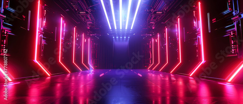 Neon futuristic scene with podium or stage, purple, blue, pink spotlights, rays, abstract shapes, glowing particles. Product presentation background. Generative ai