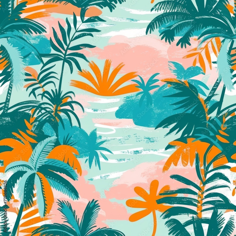 Pastel palms and ocean hues in a tranquil beach scene.