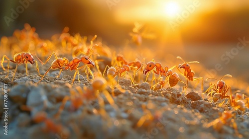 A colony of ants demonstrating efficient workflow and task management in constructing an anthill Each ant carries a piece of grain, colorcoded for different tasks or departments photo