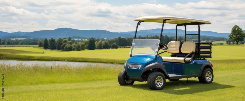 Glide through a stunning golf course aboard a sleek golf cart, surrounded by lush greenery and scenic beauty.