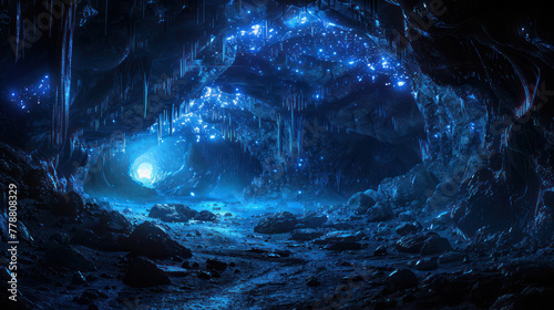 Illuminated Cave With Blue Lights