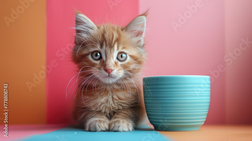 Small Kitten Sitting Next to Blue Cup