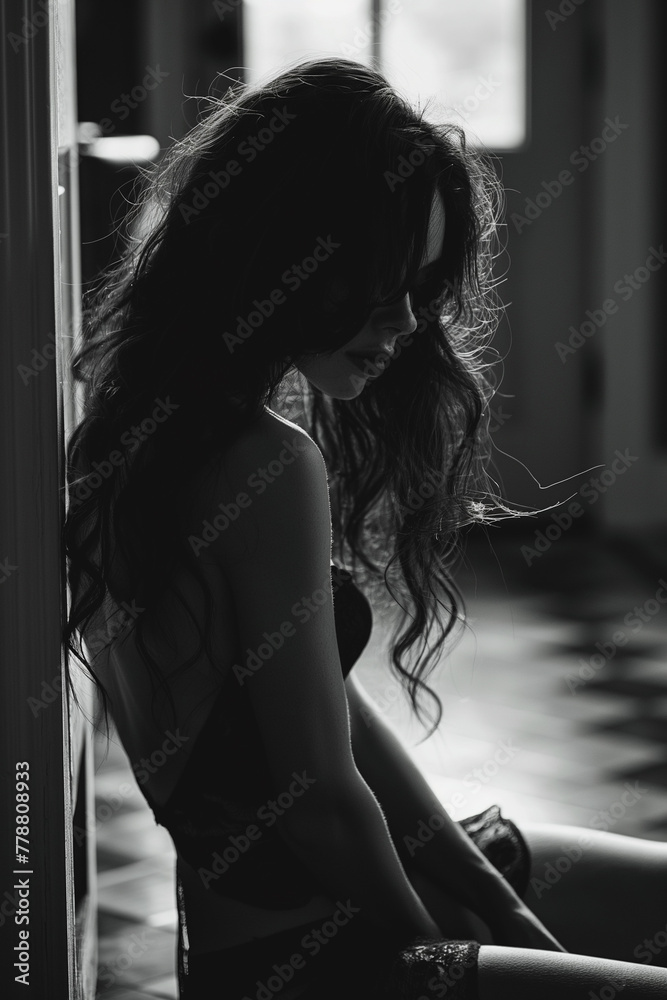 A woman with long hair is sitting on the floor in a room A woman with long hair is sitting on the floor in a room