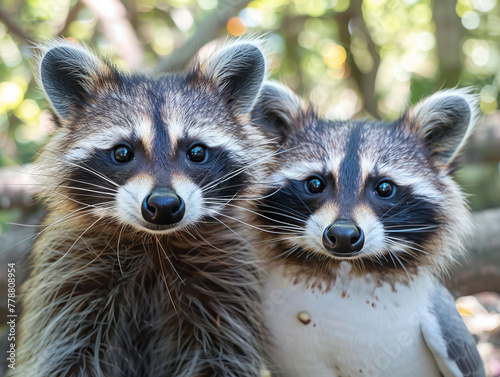 Two raccoons are standing next to each other and looking at the camera