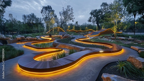 A park where the pathways and planters are integrated with microbial fuel cells that generate clean energy from the soil and plant roots Children play and learn about renewable energy
