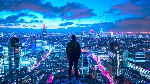 Lone figure stands overlooking a vibrant cityscape at night. Futuristic urban skyline. Perfect for backgrounds and conceptual use. AI