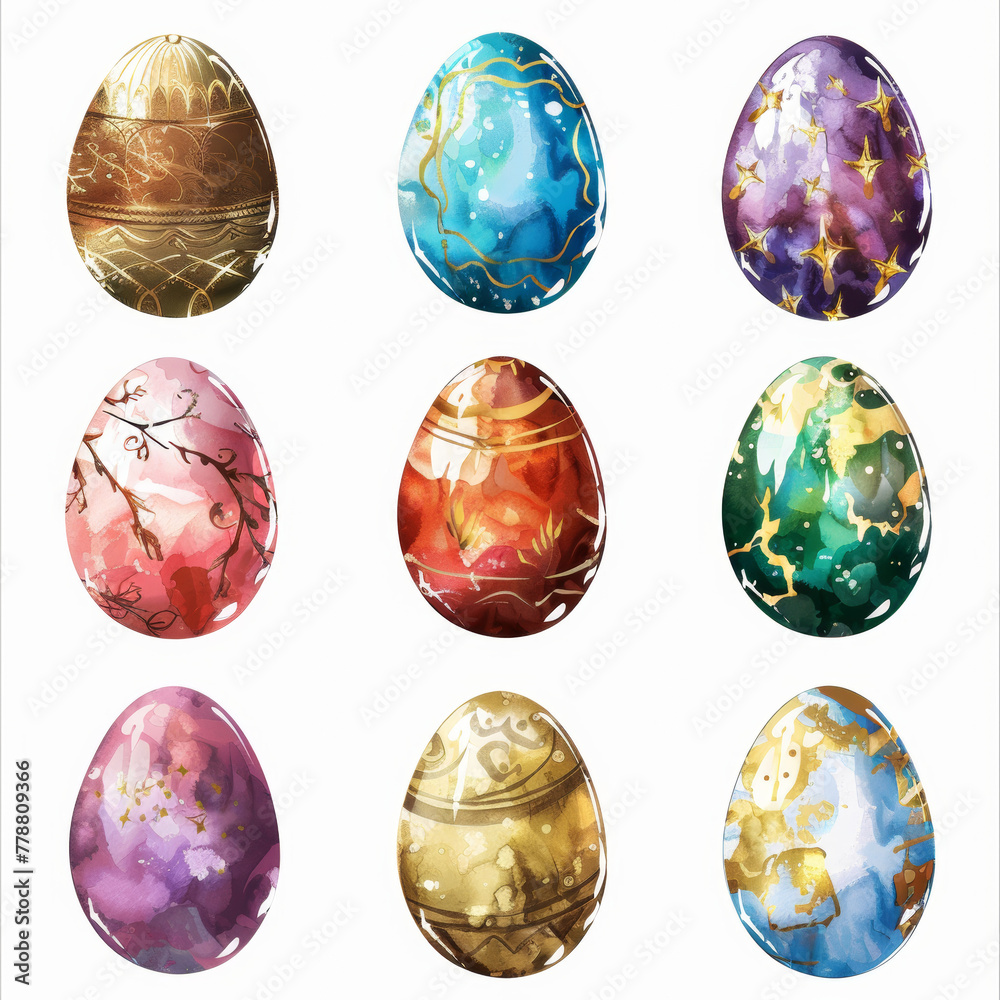 Happy Easter. Collection of watercolor Easter eggs on a white background. Happy Easter. Collection of watercolor Easter eggs on a white background.