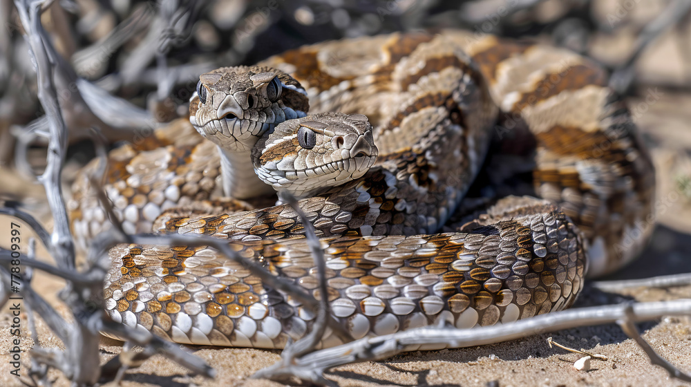 Two snakes are curled up next to each other on the ground Two snakes are curled up next to each other on the ground