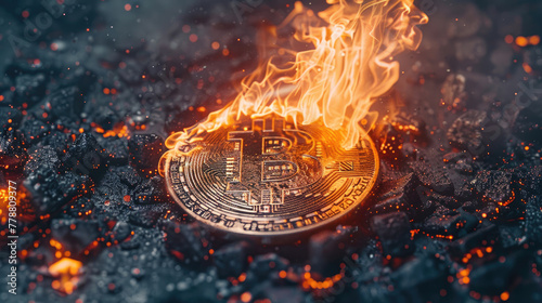 Burning Bitcoin, Digital Artwork Depicting Crypto in Flames