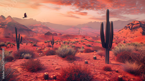 Red ambiance in an autumn desert landscape with cacti and tumbleweeds photo