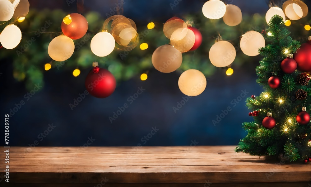 Festive christmas table with bokeh lights and decorated tree at evening party. Festive christmas table with bokeh lights and decorated tree at evening party.