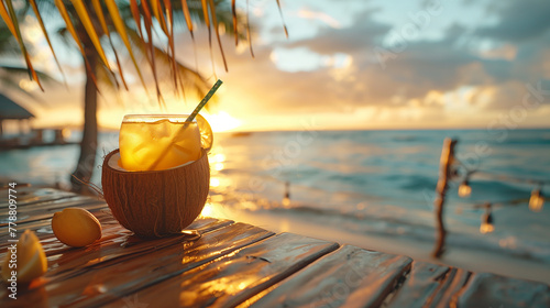 Cocktail in a coconut with straws and d  cor on the table