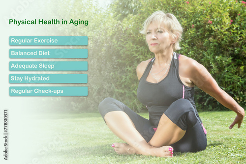 Physical Health in Aging Concept. Attractive senior blond woman is exercising in the garden. 