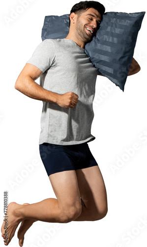Sleeping Caucasian man with soft pillow jumping PNG file no background 