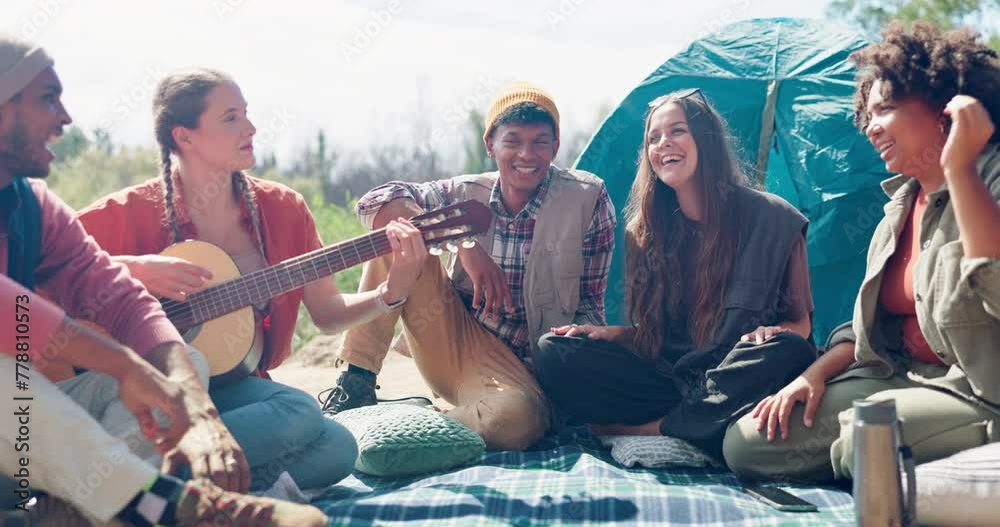 Friends, campsite and guitar for singing in nature with music, relax and together on vacation in countryside. Men, women and people with song by tent for art, holiday or performance in bush at picnic Friends, campsite and guitar for singing in nature with music, relax and together on vacation in countryside. Men, women and people with song by tent for art, holiday or performance in bush at picnic