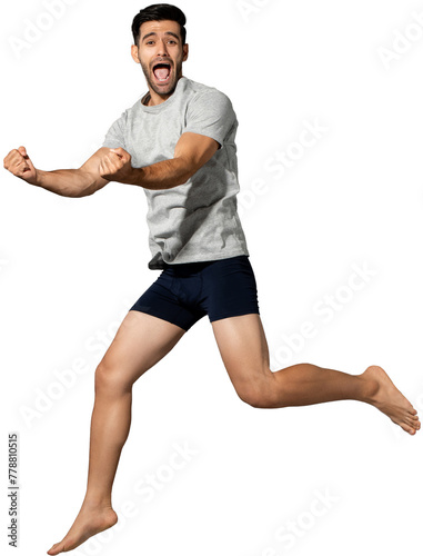 Cheerful beard Caucasian man in sleepwear jumping and celebrating PNG file no background 