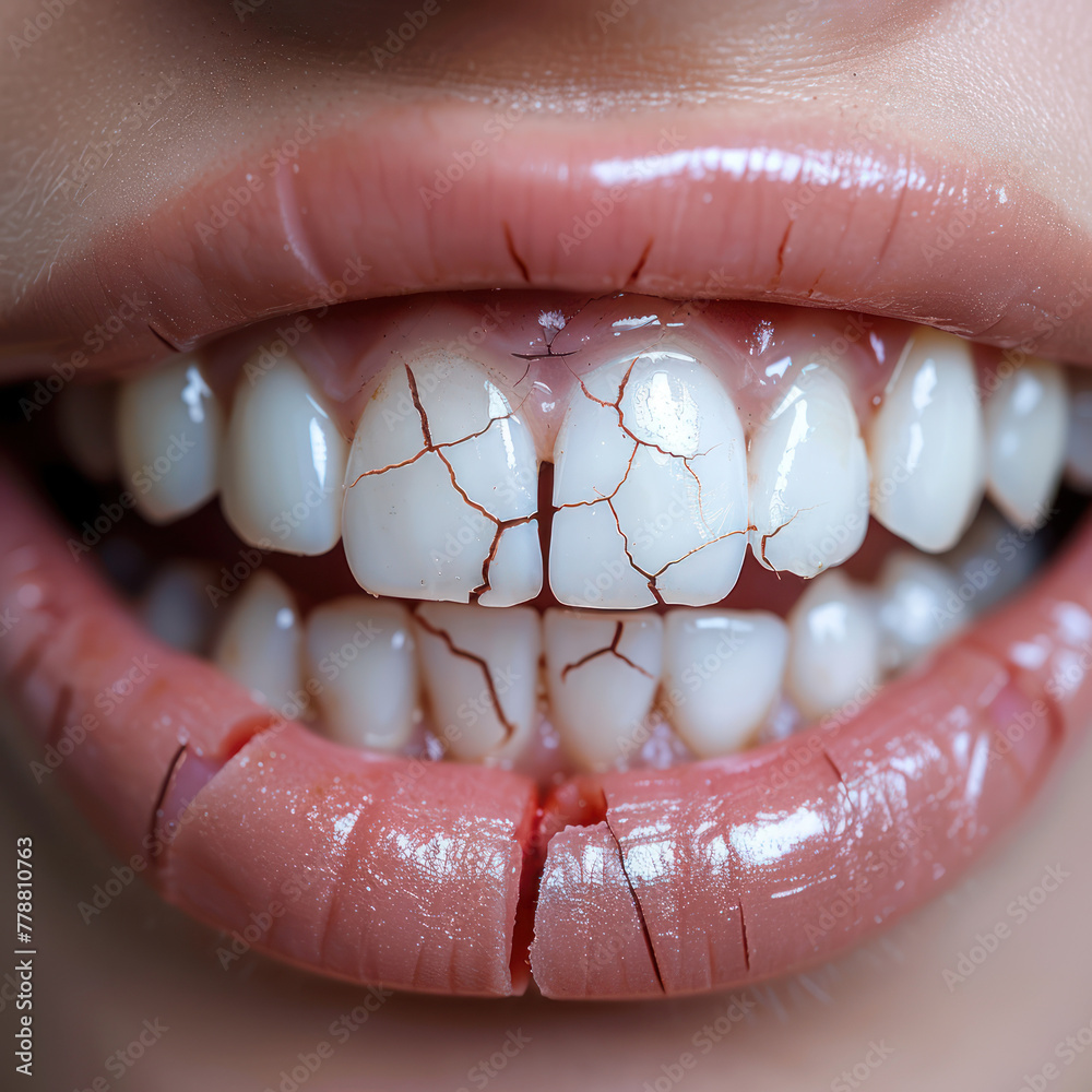 Obraz premium Close-Up of Persons Mouth With Cracked Teeth