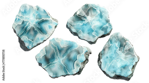 Larimar digital art 3D collection featuring exquisite Caribbean gemstone isolated on transparent background. Top view flat lay of rare turquoise stone, perfect for luxury jewelry designs, from the Dom