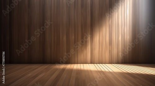 Minimal interior design background with sunlit wood laminate floor and shadow on dark wooden wall panel ing (1) © May