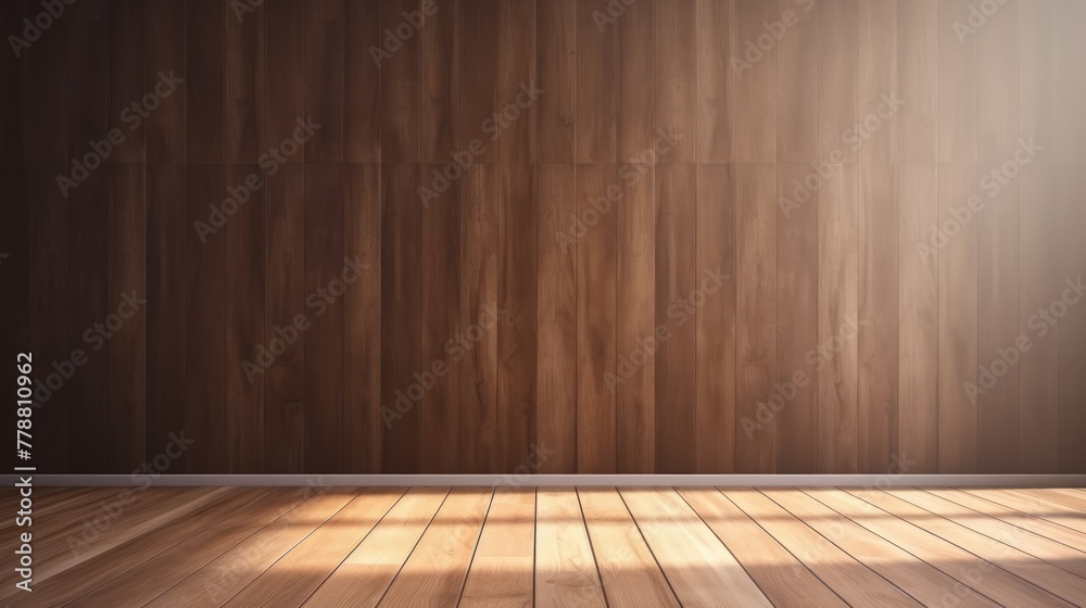Minimal interior design background with sunlit wood laminate floor and shadow on dark wooden wall panel ing (1) - obrazy, fototapety, plakaty 