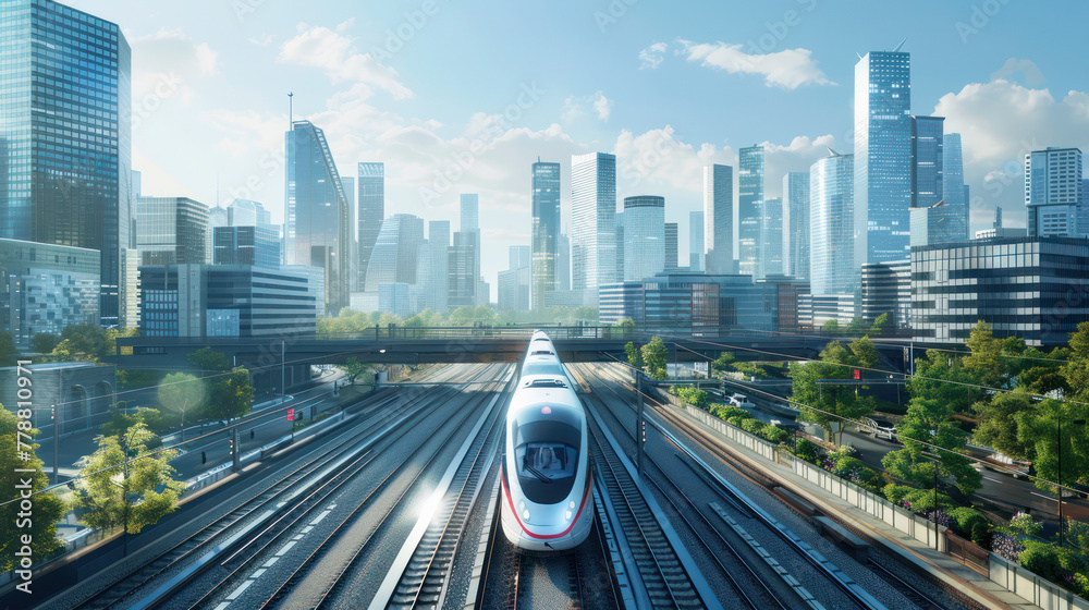 Naklejka premium Train Traveling Through City With Tall Buildings