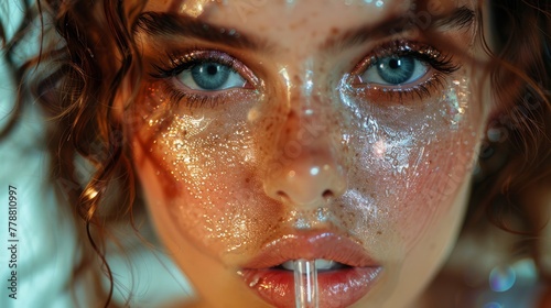  Woman with freckles and water droplets on her face