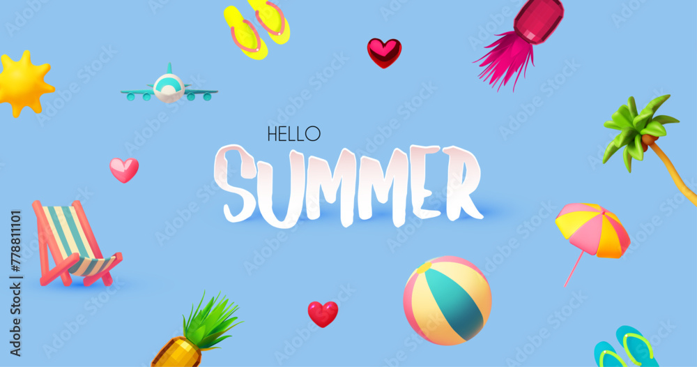 Hello Summer! Cool summer vacation. 3D tropic holiday design. Exotic journey. Pineapples and hearts.