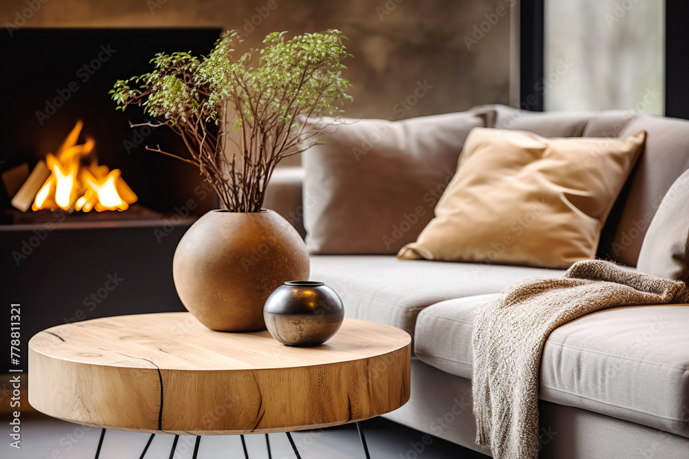 Fototapeta premium Scandinavian interior design of modern living room, home. Close up of round wooden coffee table near grey sofa against fireplace.