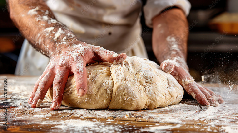 Person Kneading Dough on Wooden Table