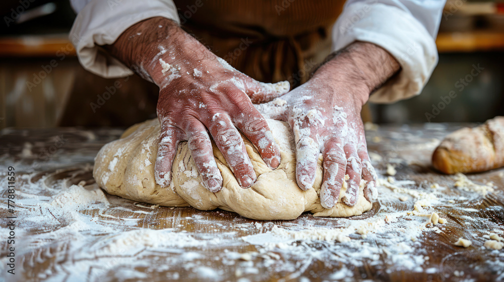 Person Kneading Dough on Table