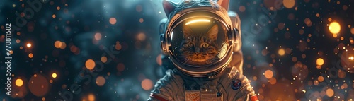 Cat in astronaut outfit floating in space, surrounded by floating meme emojis and viral hashtags Realistic, spotlight, lens flare, depth of field bokeh effect