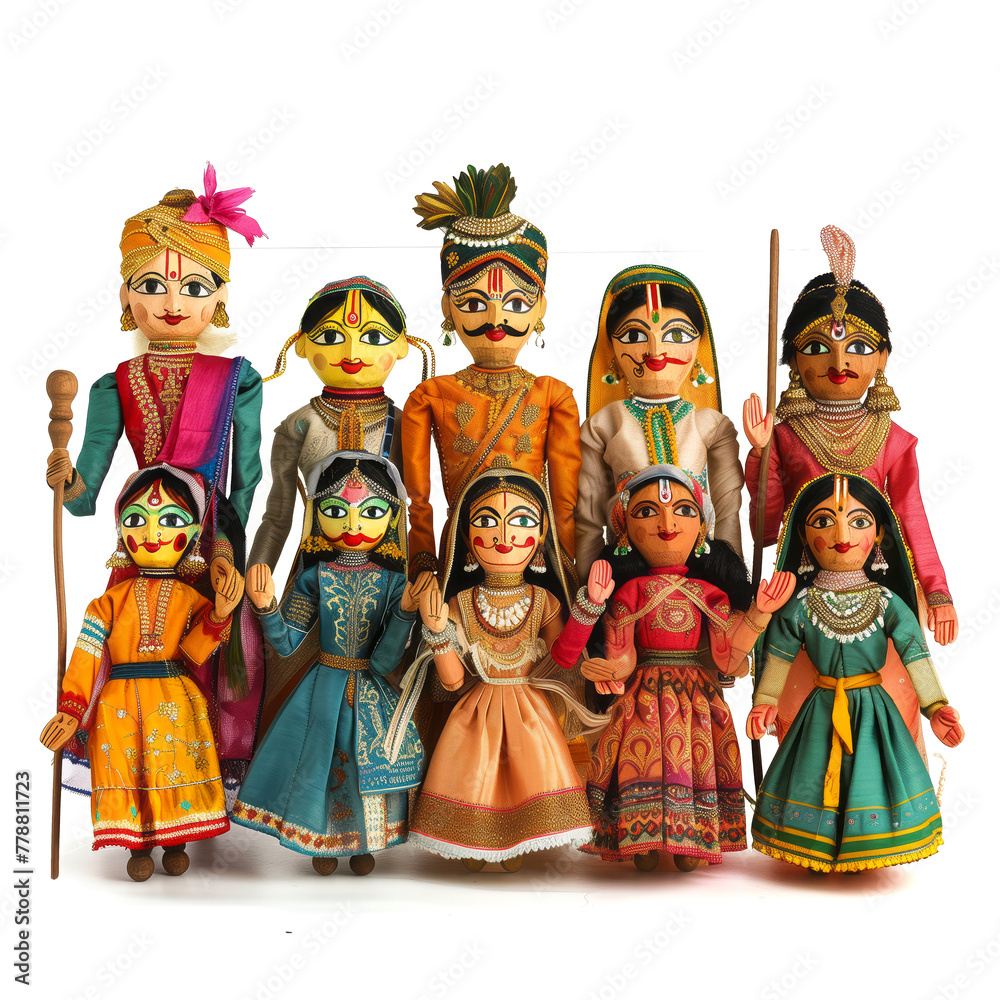 A storytelling scene with traditional Indian puppets arranged harmoniously
