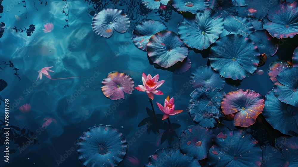 Beautiful Thai Lotus that has been appreciated with the dark blue water surface