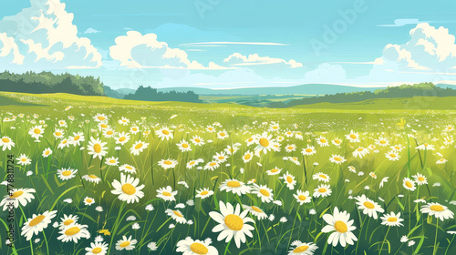 A field of white flowers with a blue sky in the background