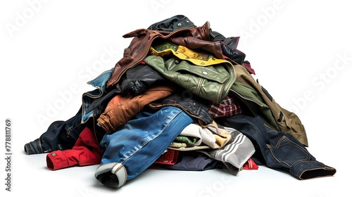 Colorful assortment of various clothing items piled up in a heap. Casual wear, fashion diversity concept. Isolated on white background. AI