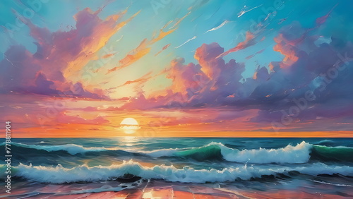 Dynamic Ocean Waves Painting, A Symphony of Sunset Colors