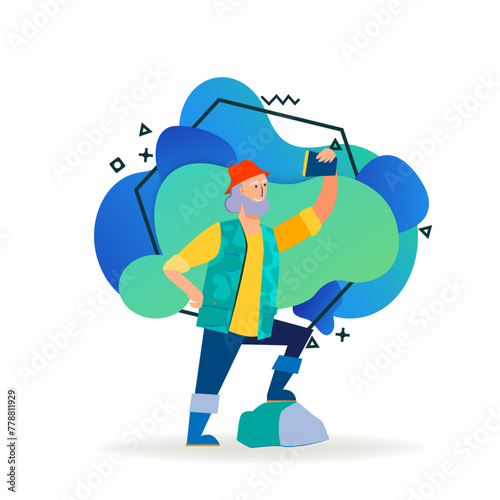 Cheerful hunter taking selfie outdoors. Senior man using smartphone flat vector illustration. Lifestyle, active hobby, hunting concept for banner, website design or landing web page