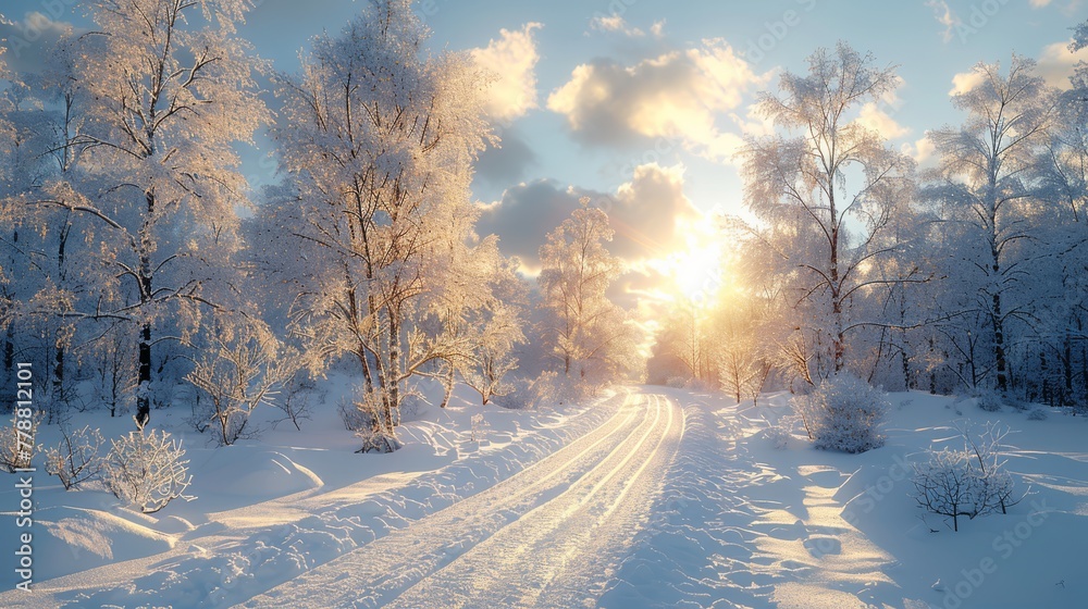 A snow-covered road lies under the shining sun, surrounded by trees with fallen snow on the ground A snow-covered road lies under the shining sun, surrounded by trees with fallen snow on the ground